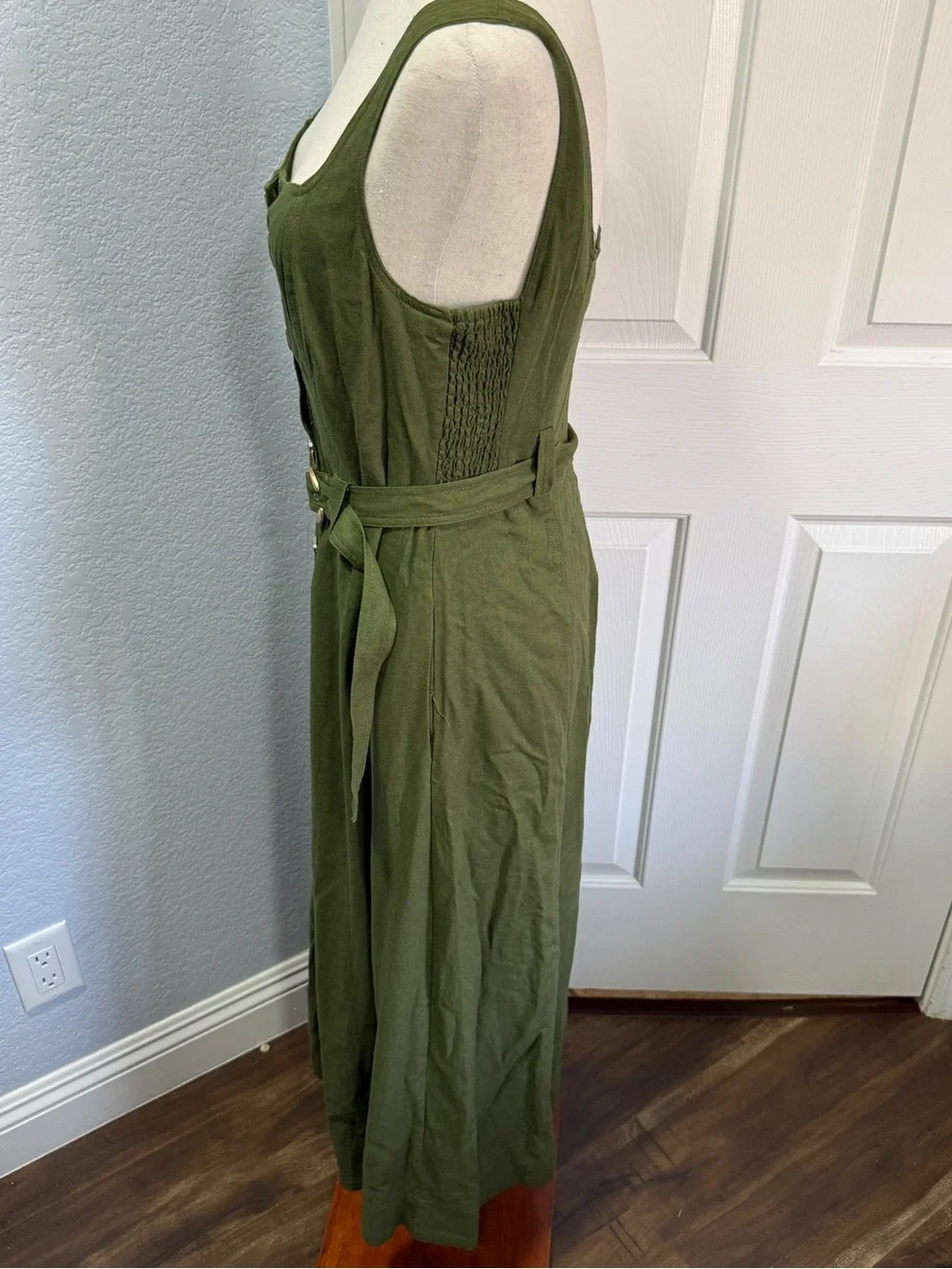 Taylor Olive Green Linen Midi Dress Belted Size 8 Coastal Resort Minimalist - Picture 6 of 14